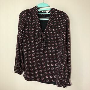 St John womens 2 black silk blouse red hearts print v neck tie bow career luxury